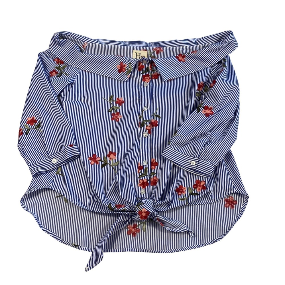 Haute Project LA Blue Stripe Floral Embroidered Tie Front Off Shoulder Top M - Picture 13 of 16